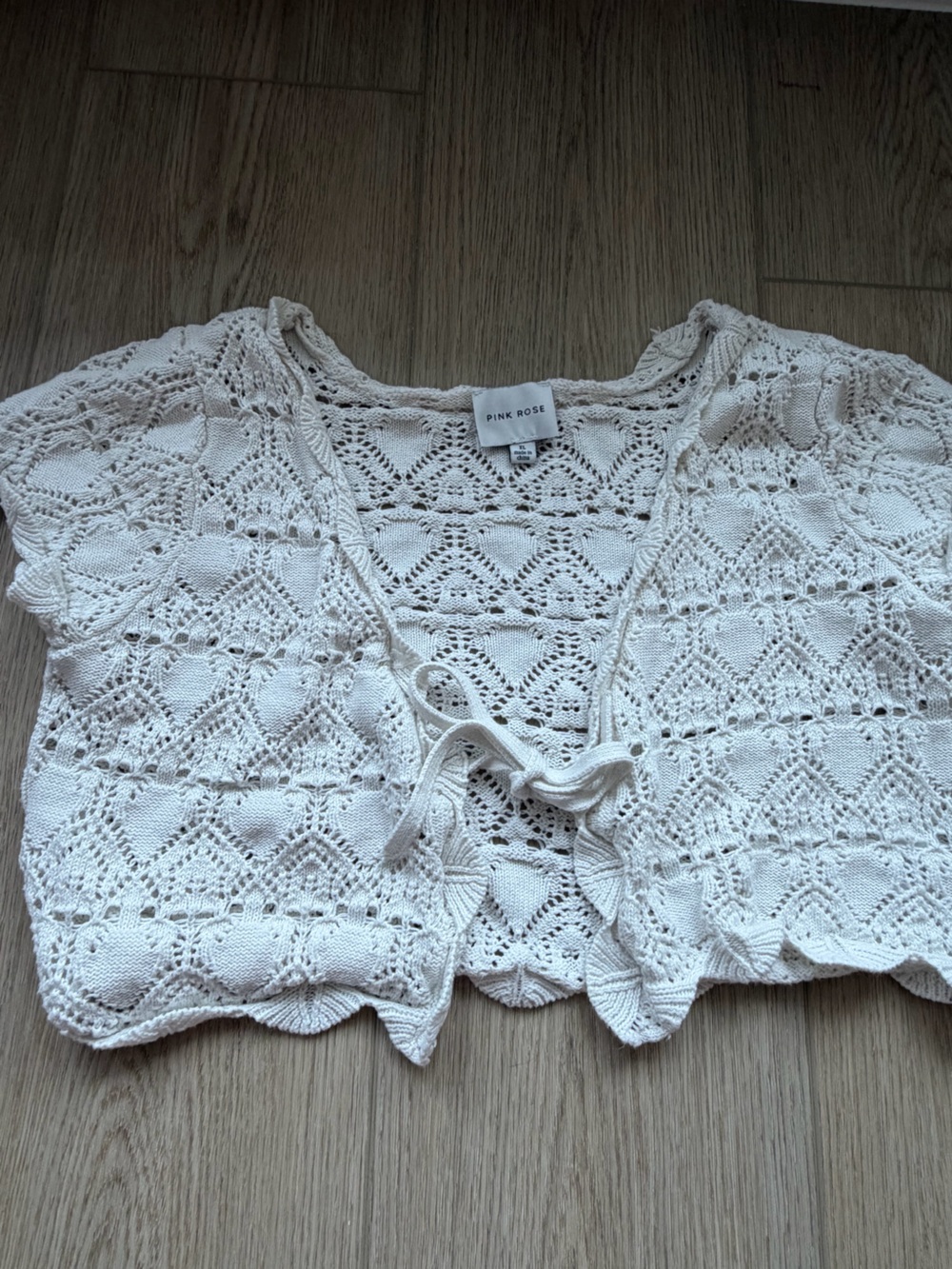 Pink Rose white Crochet Openwork Tie-Front Cardigan